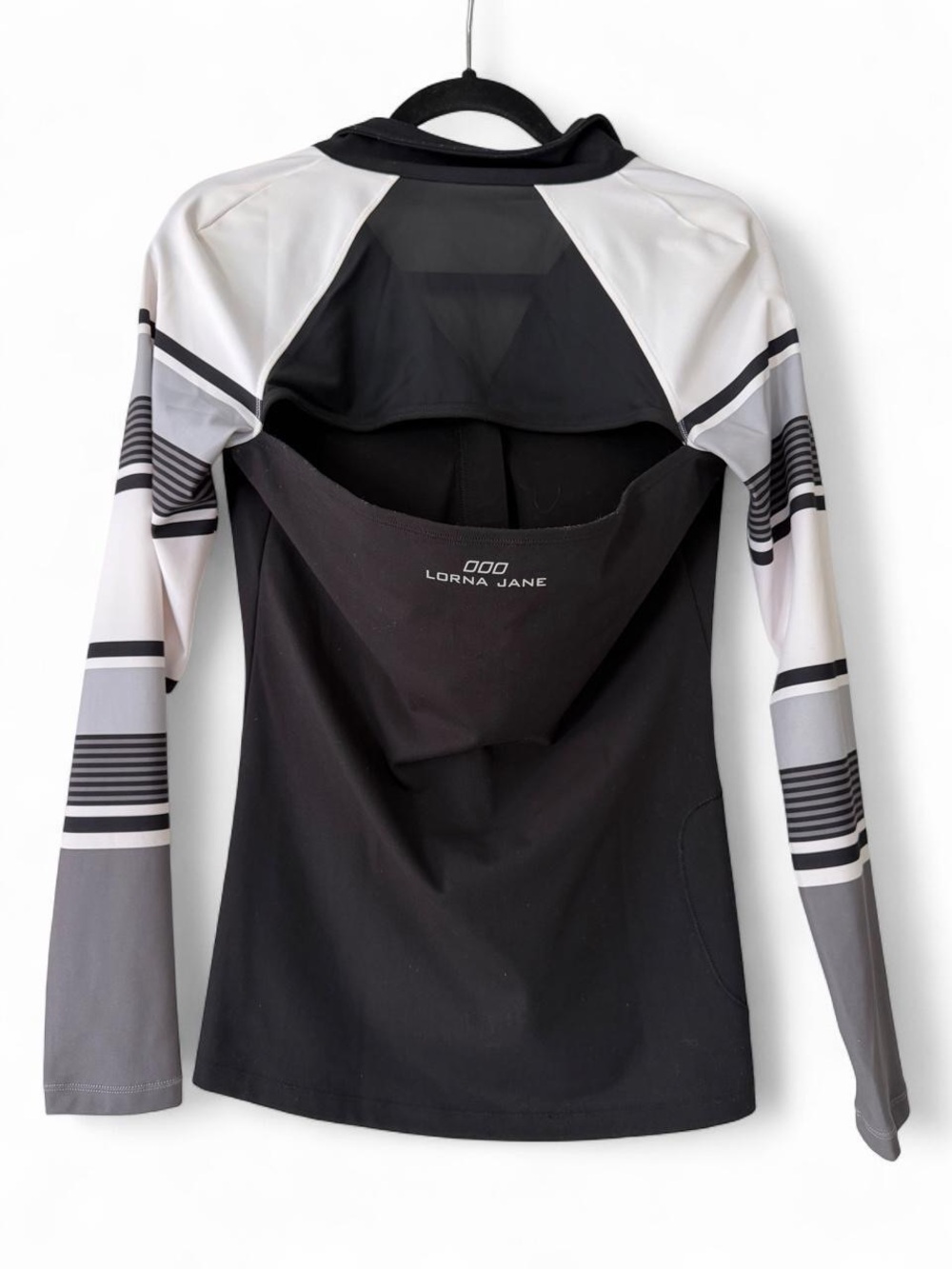 Lorna Jane Black Zip-Front Jacket with Gray & White Striped Sleeves - Picture 2 of 4